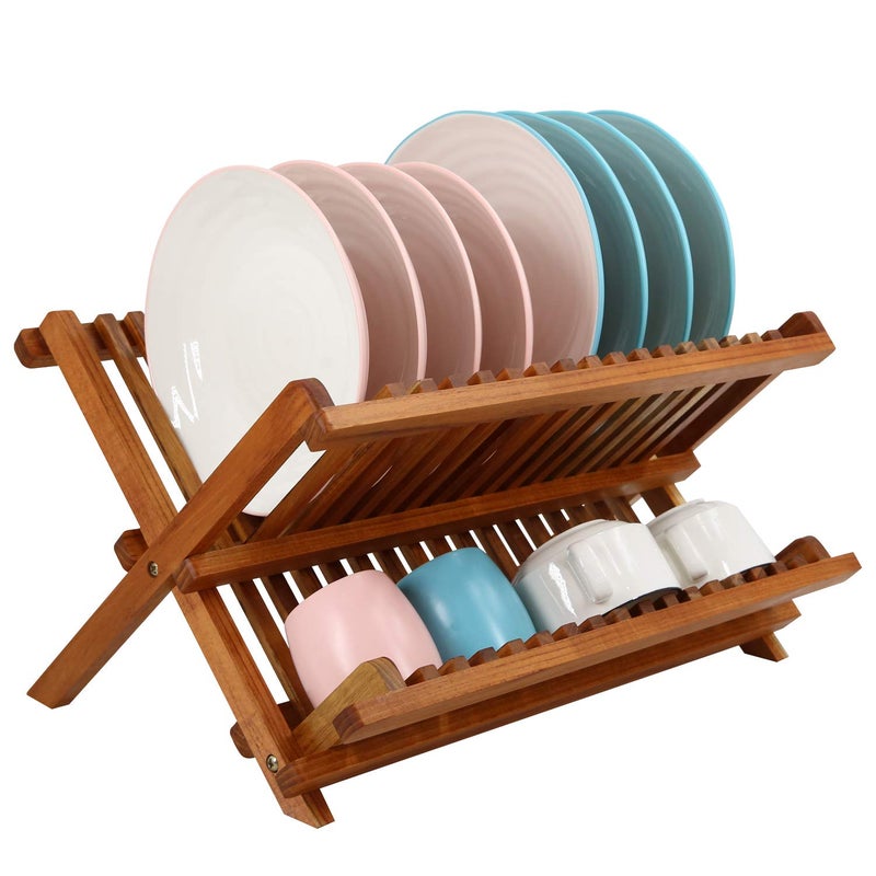 Utoplike Teak Dish Drainer Rack Collapsible 2 Tier Dish Rack Dish Drying Rack Foldable Plate Organizer Holder for Kitchen Compact - Image 1